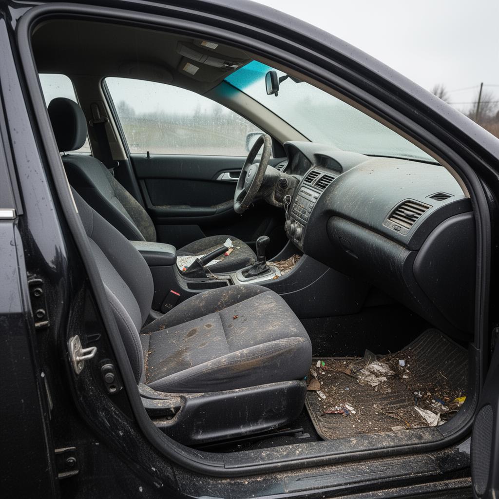 Before detailing — dirty neglected car interior with stains and dust