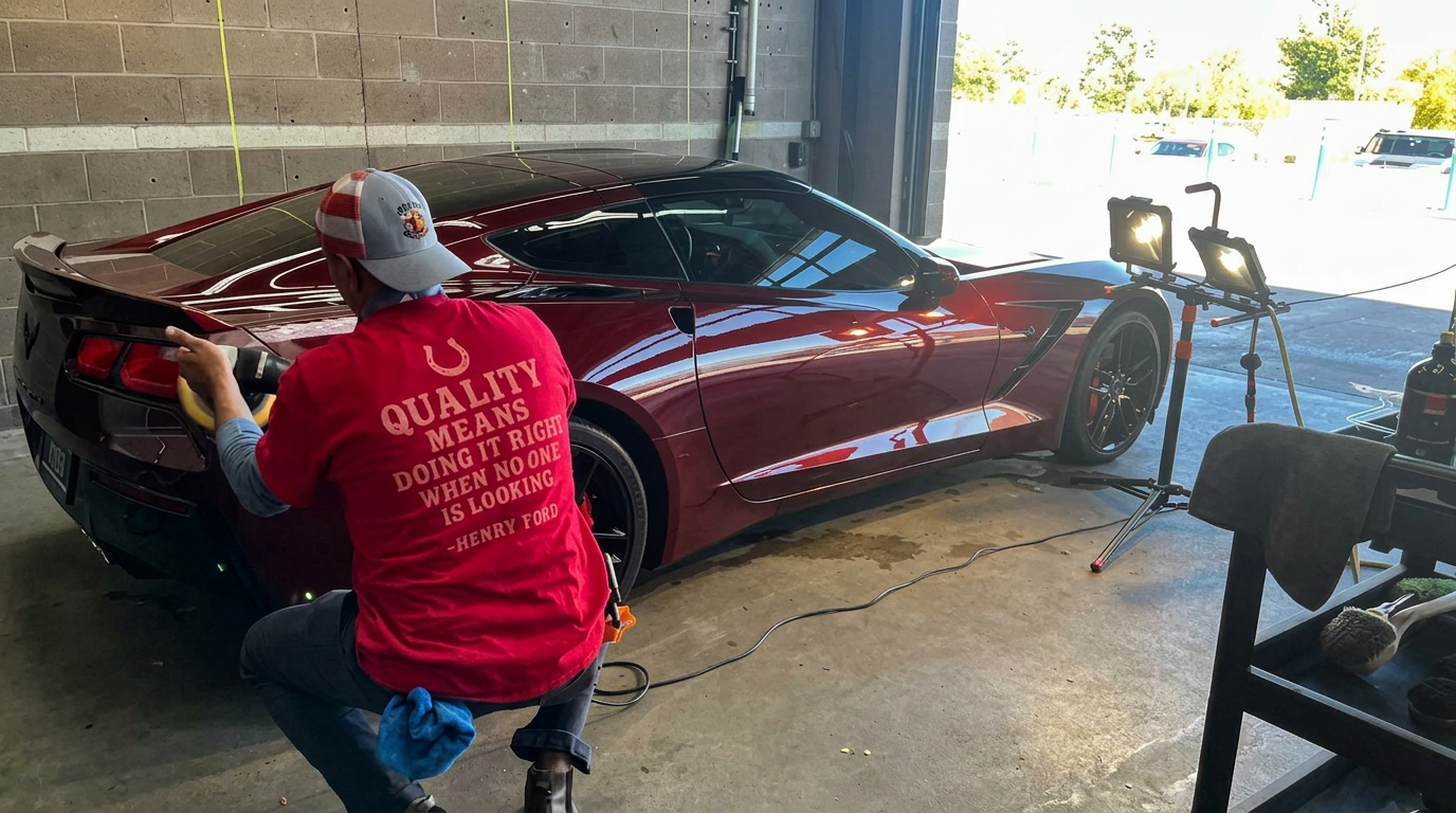 Professional auto detailing in Lakeway Texas — technician polishing luxury vehicle