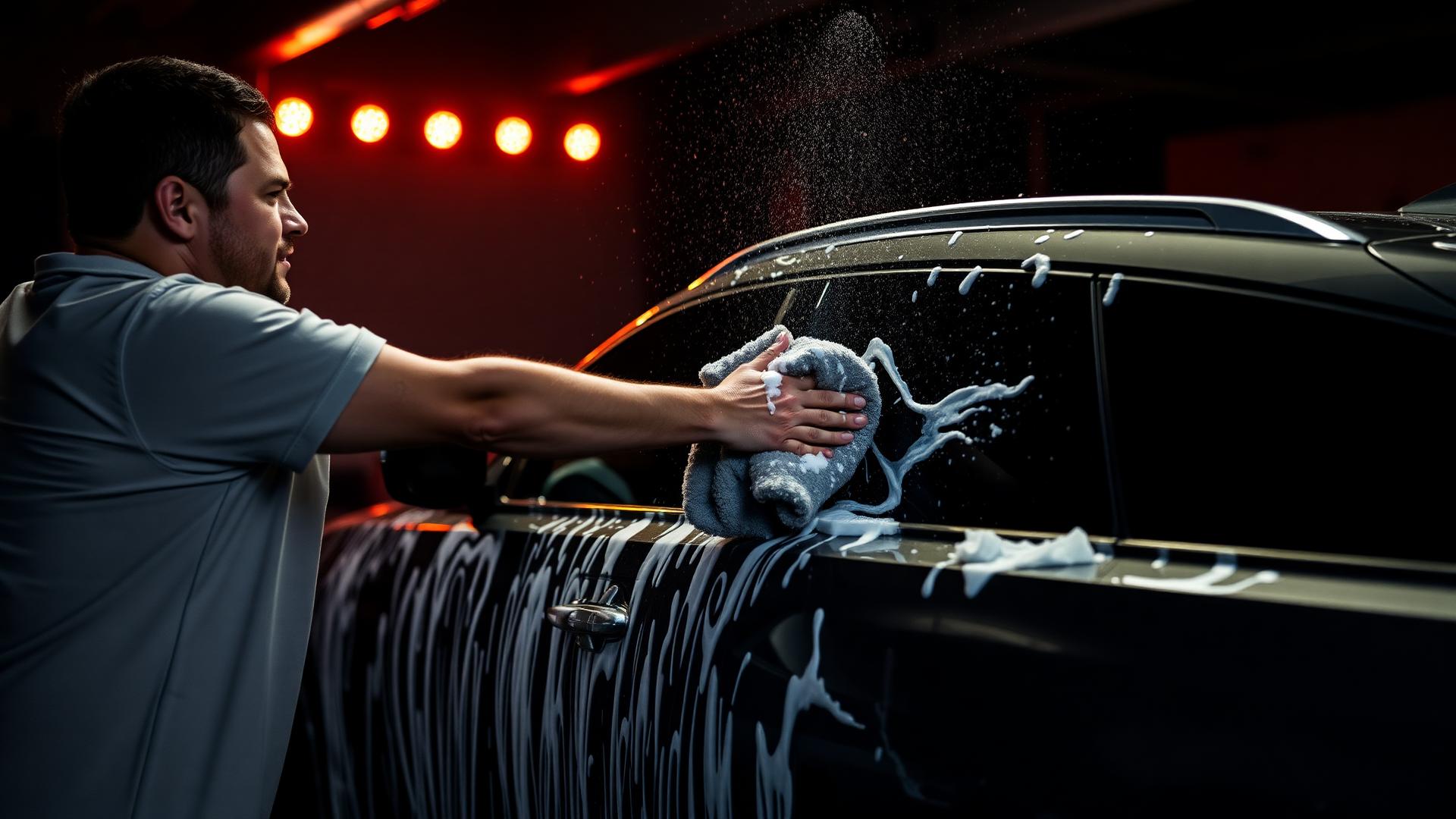 Full service hand car wash in Lakeway Texas — technician hand washing luxury vehicle