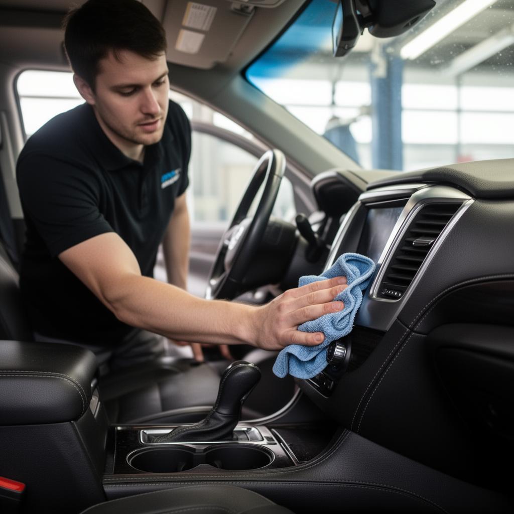 Interior car cleaning and dashboard detailing at Texas Hand Wash