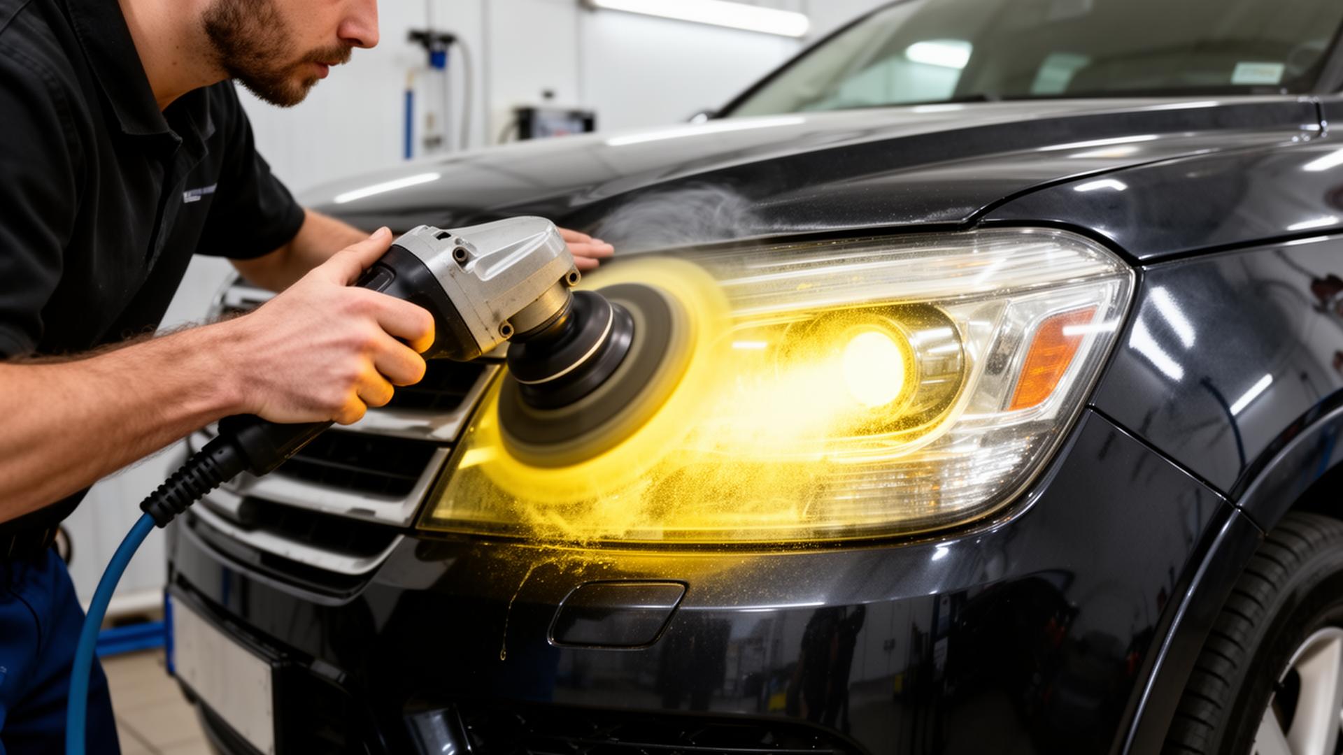 Professional headlight restoration service in Lakeway Texas showing technician polishing cloudy headlight